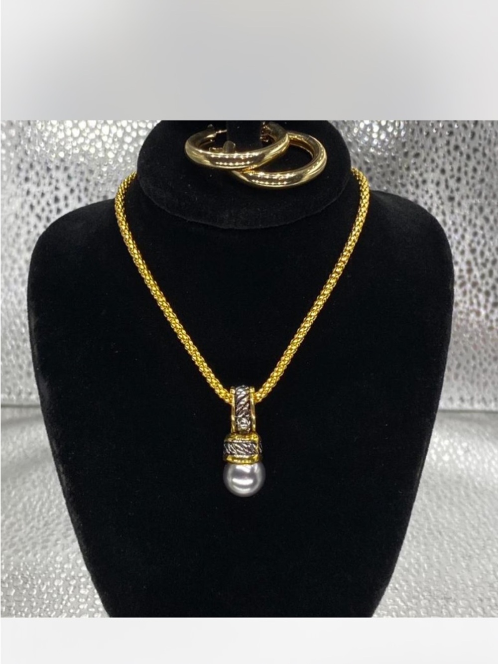 ^*^ Gold-Tone”  Rope Necklace ***  Gun metal Gray  *** Pearl Drop Pendant ^*^